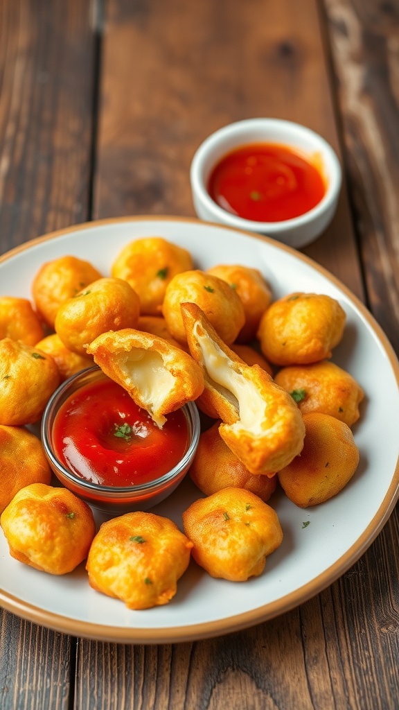 Crispy cheesy snack bites served with marinara sauce on a rustic wooden table.